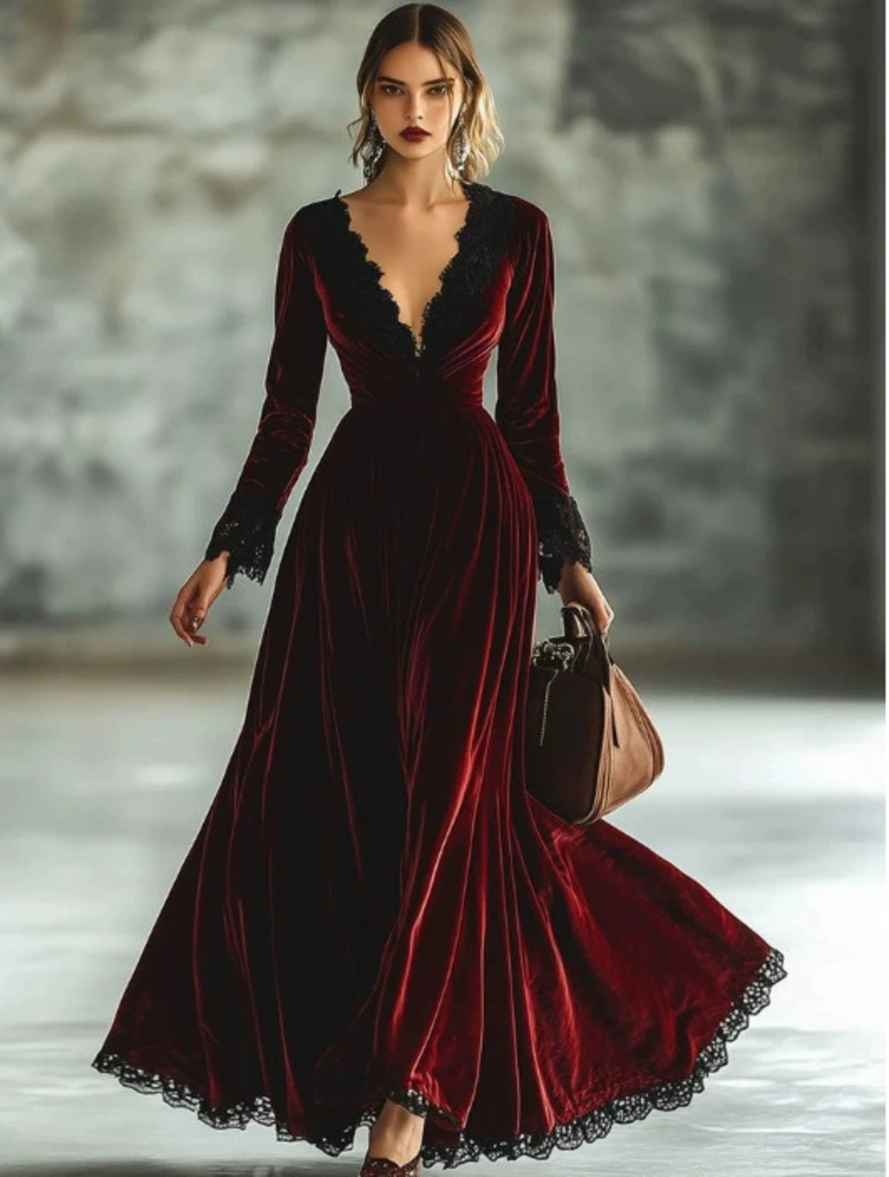 H&M Retro Lace Collar Seam Long Sleeve Maxi Dress